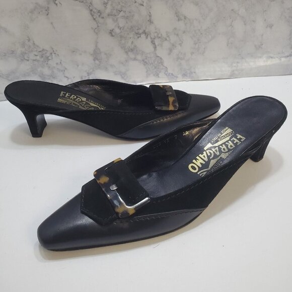 Salvatore Ferragamo Slip-On Mules Heels 7AA Black Suede Leather Tortoise Shell - Picture 1 of 15